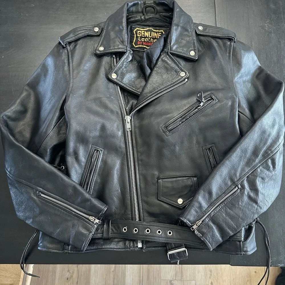 VTG 80's‎ Heavy Genuine Leather Manzoor Motorcycle Jacket Biker 52 Zip Out Liner
